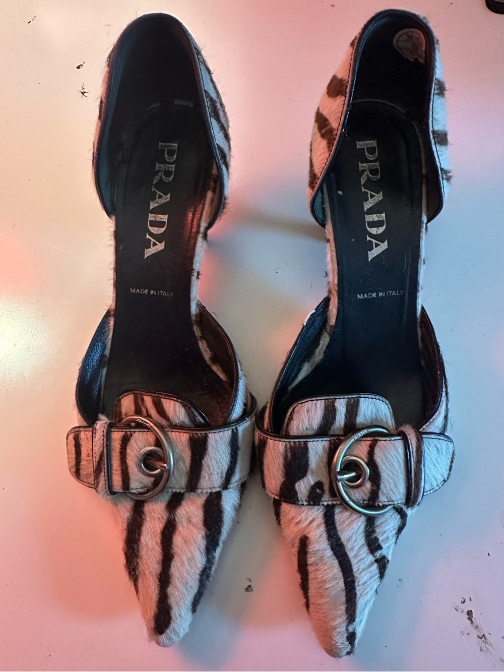 Prada Black & White Zebra-Print Pointed-Toe Buckle Pumps